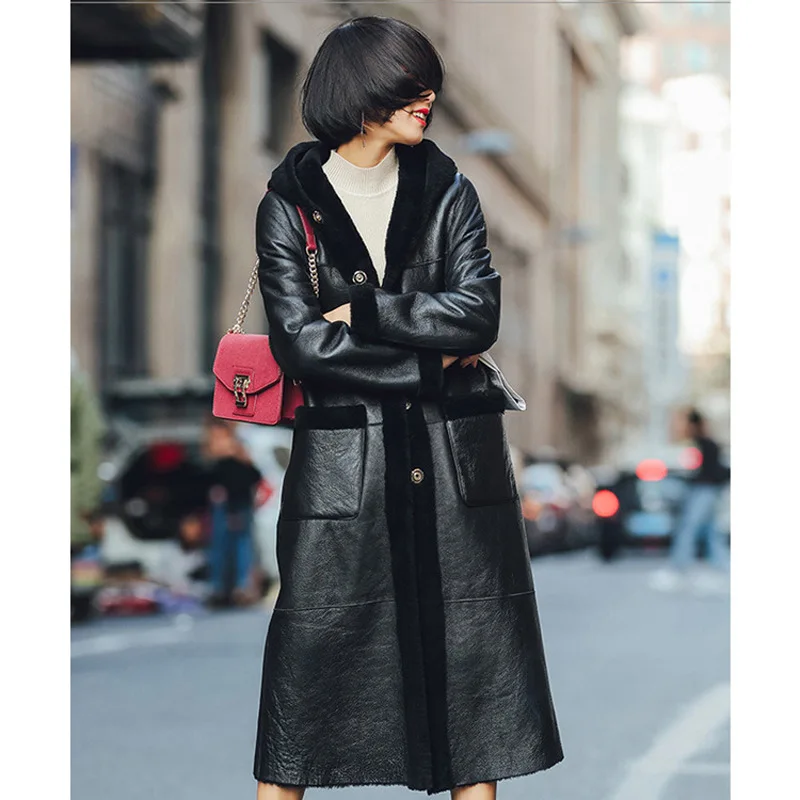 2020 new sheepskin fur winter women's jacket Australia imported double-sided sheepskin one coat female hooded long section