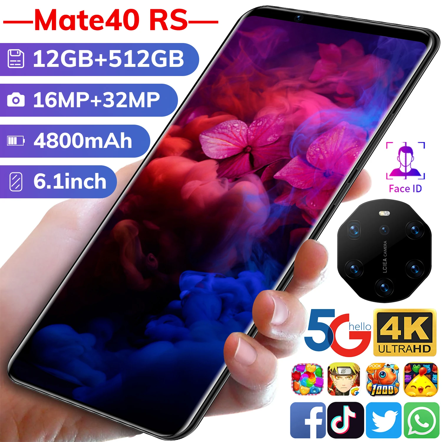 

Mate40 RS 6.1 Inch 4K Screen 16+32MP Camera Mobile Phone MTK6797 Deca Core 12GB RAM+512GB ROM Smartphone Android 10.0 System