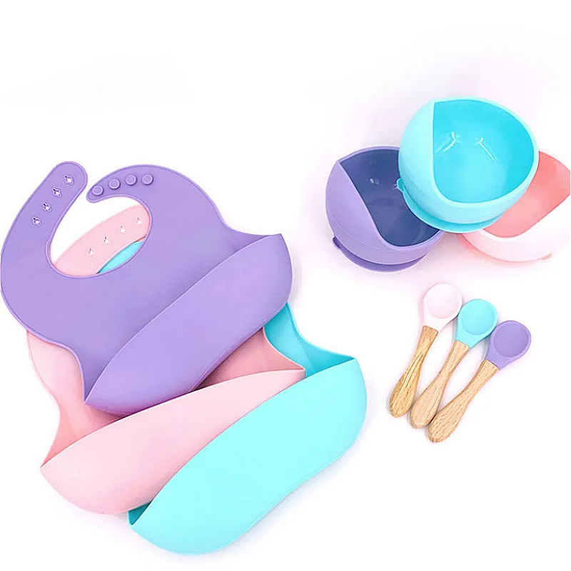 

1set Silicone Baby Feeding Bowl Tableware Waterproof Bibs Non-Slip Crockery BPA Free Silicone Dishes for Baby Bowl Baby Plate