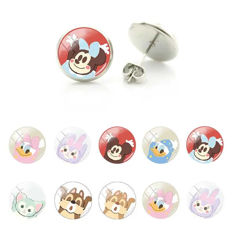 

Disney Cartoon Cute Naive Chip 'n' Dale Symmetrical Earrings Round Glass Round Dome Stud Earrings Ear Accessories Jewelry FSD206