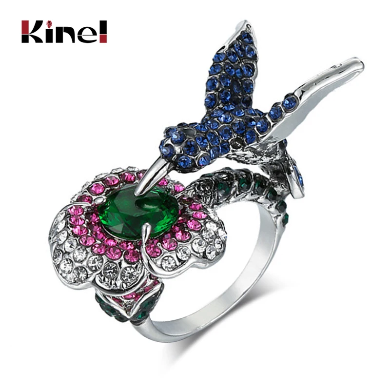 Женское кольцо с цветами Kinel Винтажное колибри из фианита микро-цвета AAA для