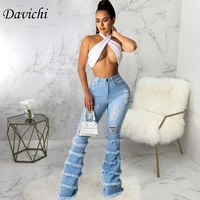 nimi light blue women for ripped jeans ladies wei la high waist splicing elasticity flare washed pants vintage jeans 2021