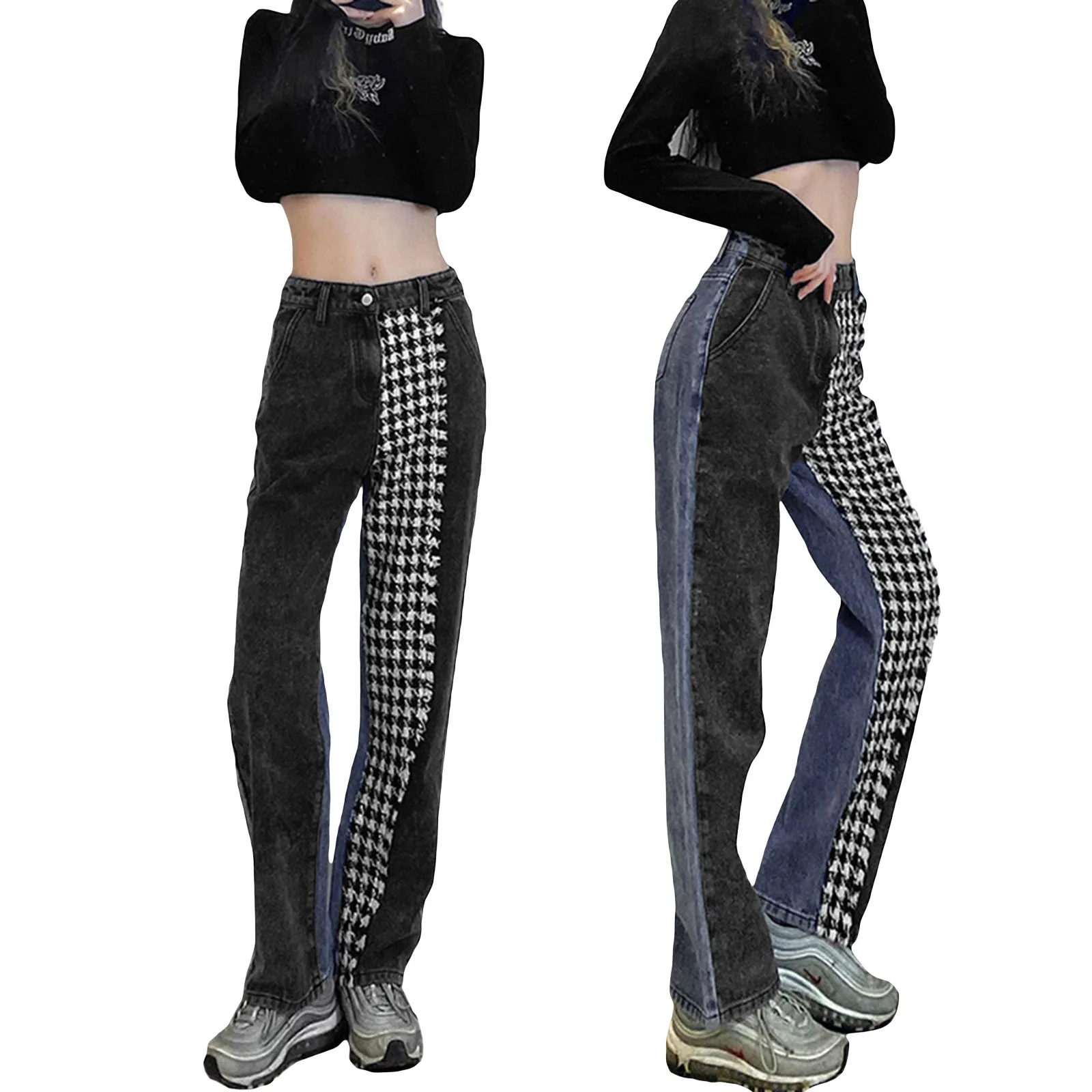 

Women Casual Straight-Leg Pants Black Plaid Pattern High Waist Long Trousers Unique Style Refined Eye-Catching Fashionable