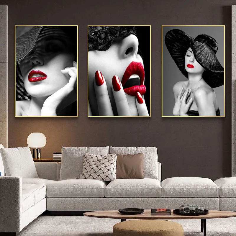 

Sexy Red Lips Poster Prints Modern Fashion Women Lady Art Wall Picture Canvas Painting Nordic Black Lace Veil Photo Home Decor