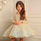 Блестящее платье с блестками и пушистыми цветами для девочек, элегантное платье принцессы с бантом для первого причастия, платье для маленькой невесты, модель 2022