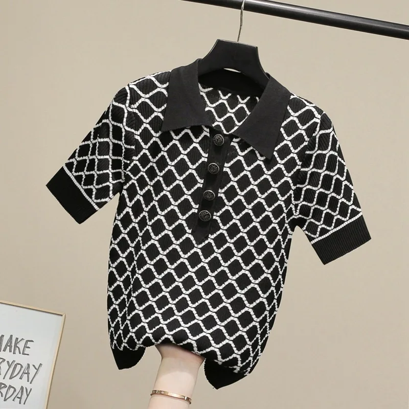 

VANOVICH 2021 Spring and Summer New Fashion Knit T Shirts Women Temperament Wild Casual Lapel Plaid Short-sleeved Tops Female