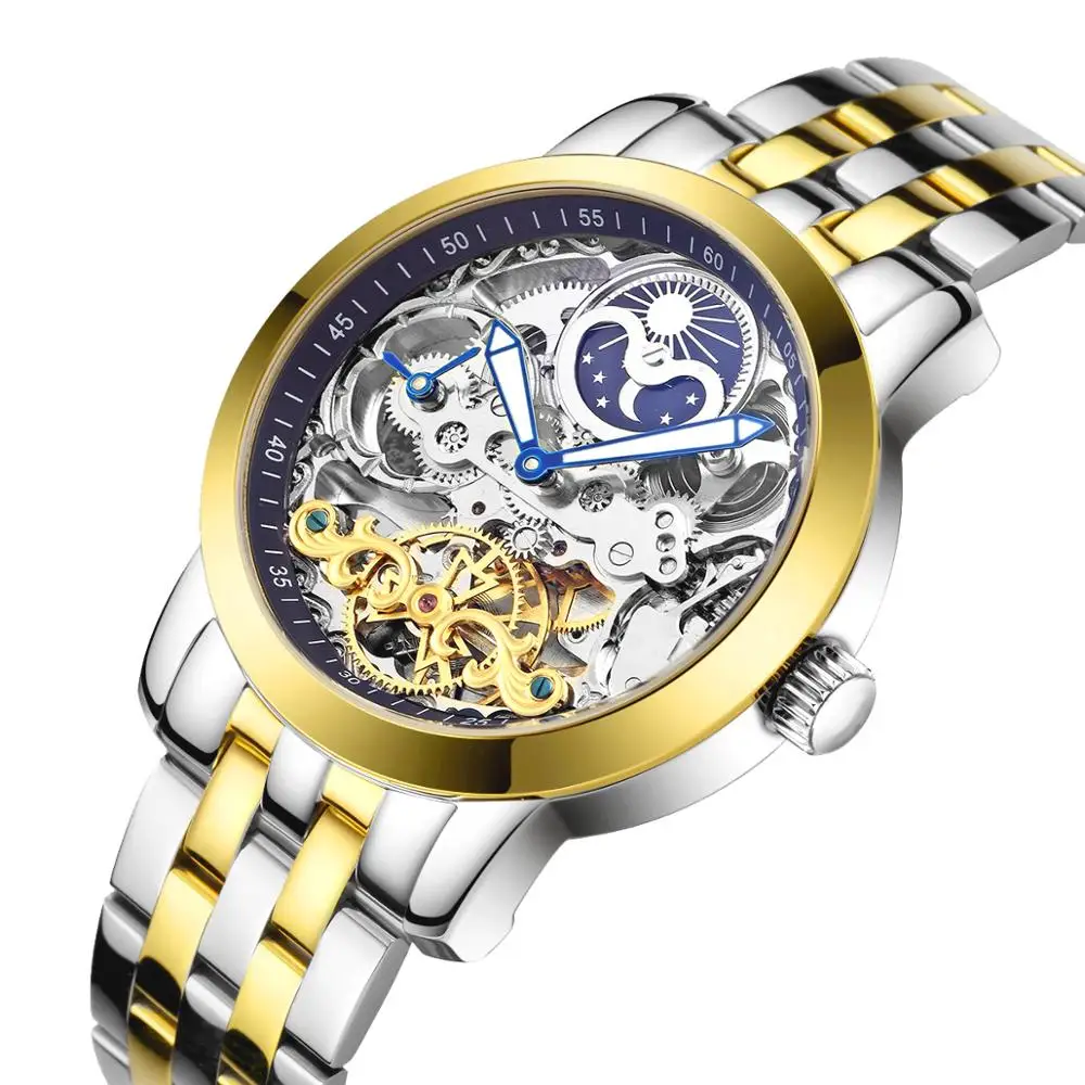 Gold blue-S HAIQIN, мужские механические часы, Роскошные автоматические часы, мужские Tourbillon часы со скелетом, спортивные водонепроницаемые часы, Reloj Hombre - Цвет: Gold blue-S