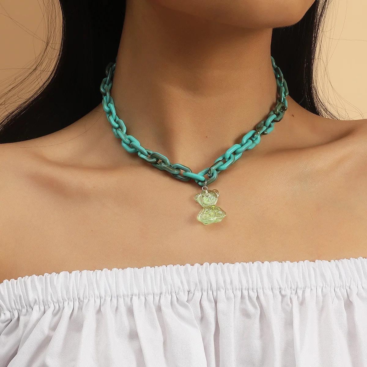 

New Fashion Harajuku Multicolor Acrylic Cute Animal Bear Pendant Necklace Neck Chain Jewelry for Women Female Gift Party Elegant