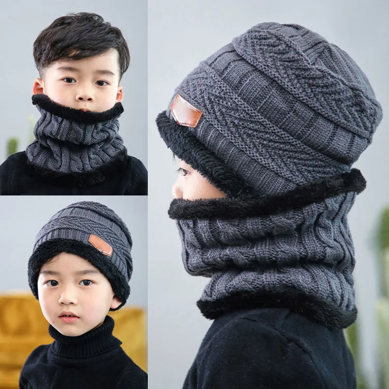 New 2Pcs Kids Winter Warm Knitted Hat with Scarf Set Skullies Beanies for 3-14 Years Old Boy's Children Outdoor Sport Set Hot