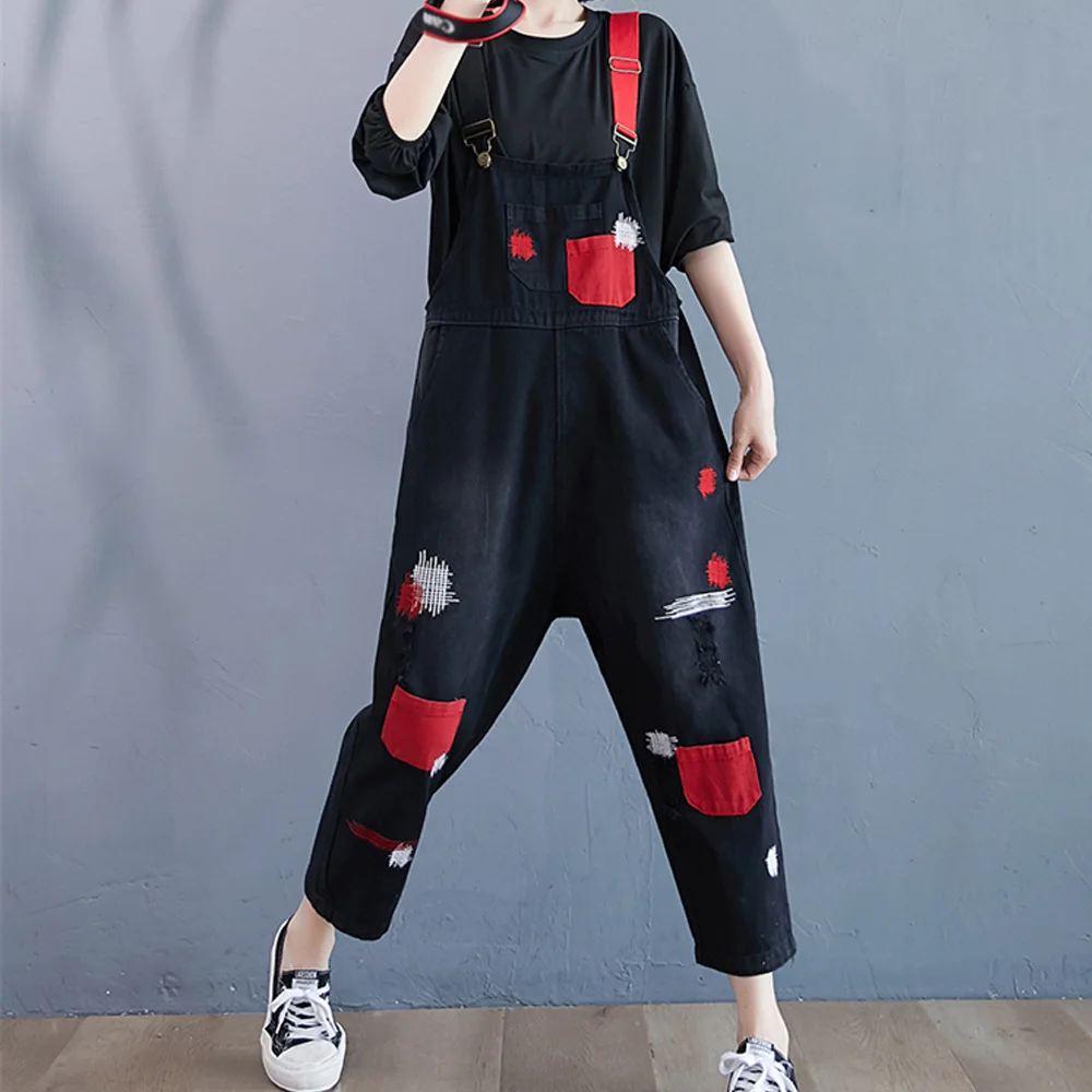 Women Black Straps Jeans Overalls Vintage Wide Leg Baggy Pants Casual Loose Denim Jumpsuits Ladies Trousers Korean Preppy Style