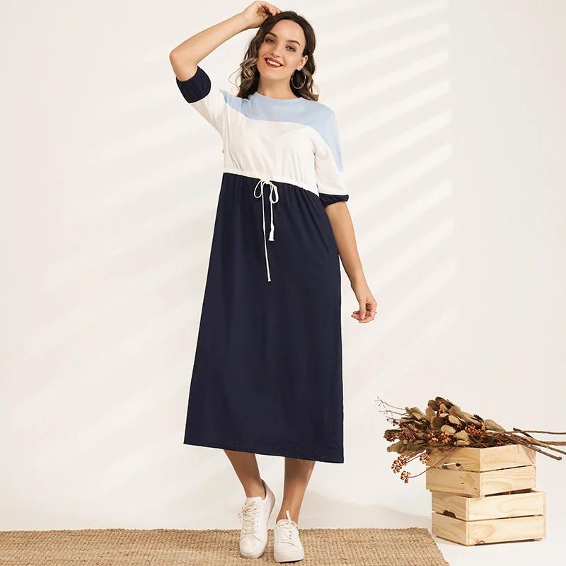 

Summer New Fashion Women's College Style Half-sleeved Round Neck Color Stitching High Waist Drawstring Knitting Leisure All-matc
