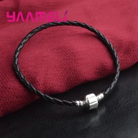 22cm black real leather rope bracelet bangle for women men statement magnet bead clasps handmade fashion male jewelry