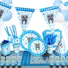 Одноразовая посуда с голубыми зубьями на день рождения, праздничная вечеринка, бумажная тарелка для малышей, чашка, бумажный пакет для полотенец