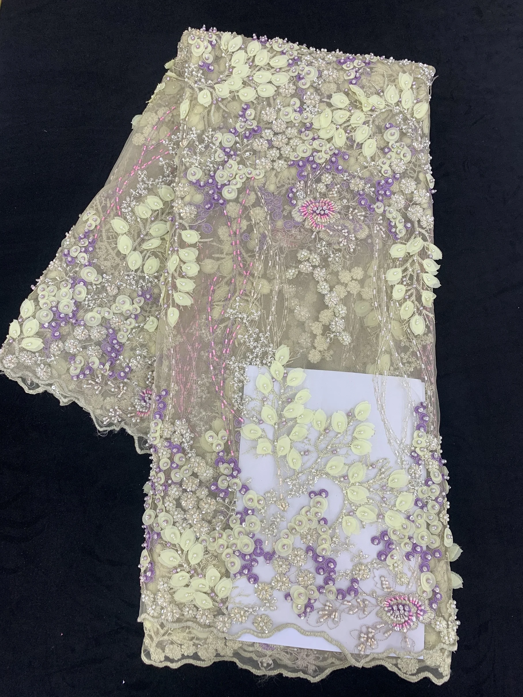 

2 ярда, оптовая продажа, французская вышивка, 3D Цветы, кружевная ткань, ручная работа, бисерная сетка, тюль для повседневной одежды, свадебное...