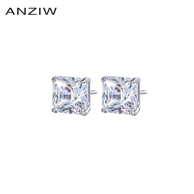

ANZIW Sterling Silver Radiant Cut 7x7mm Created SONA Diamond Fine Classic Stud Earrings For Women Jewelry Gifts
