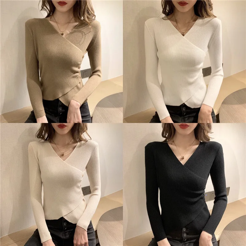 

QRWR 2020 Women Sweaters Fashion Sexy Cross V Neck Long Sleeve Knitted Pullovers Elegant Buttons Basic Sweater Women