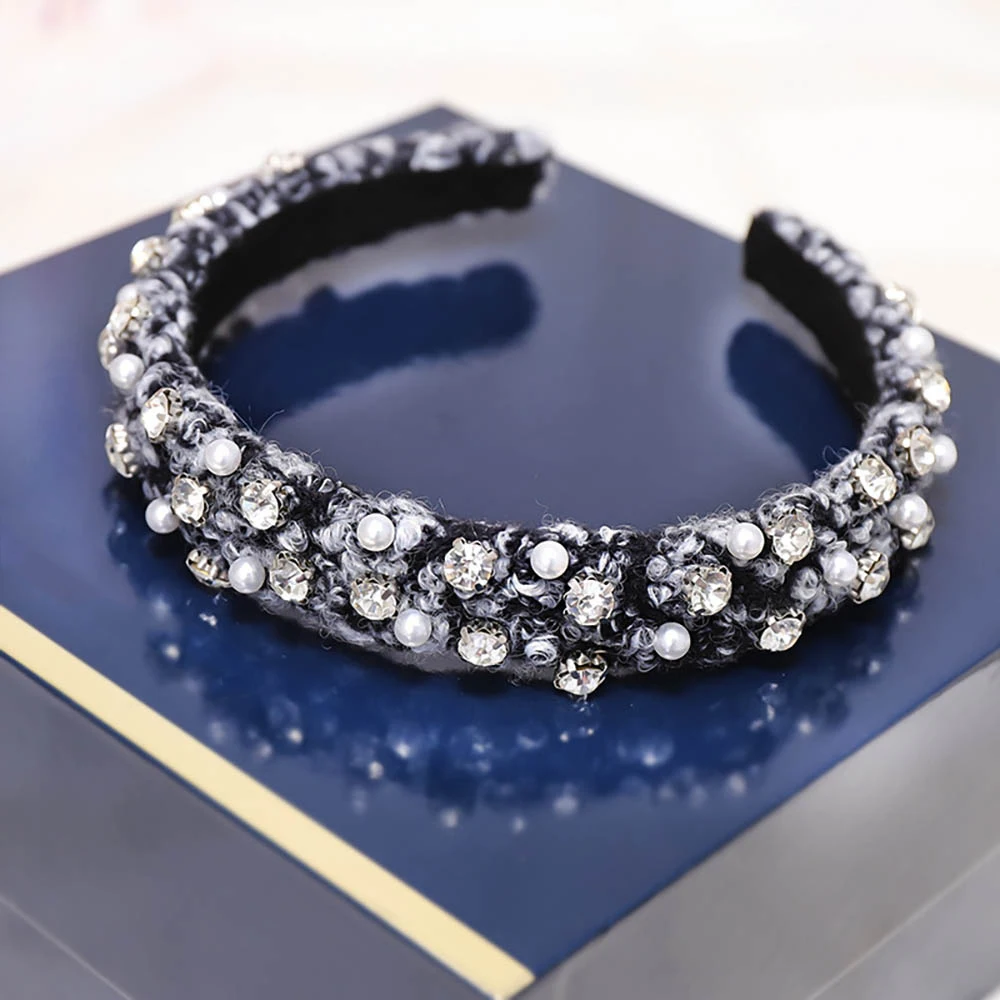 Levao Boutique повязка на голову с жемчугом и стразами для женщин аксессуары для волос модная лента для волос из овечьей шерсти ободок для головы обруч для волос головной убор - Цвет: Черный