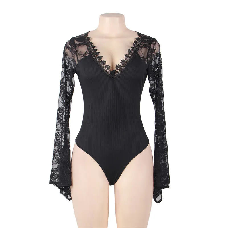 Ohyeahlady Womens Sexy Casual Party Work Bodysuit with Sleeves Jumpsuit Tops Plus Size 5XL One Piece Lace Bodysuit RJ80589