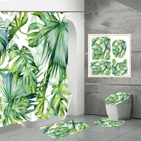 green tropical leaf bath shower curtains waterproof fabric new year bathroom decoration toliet nonslip flannel carpet 180x180cm