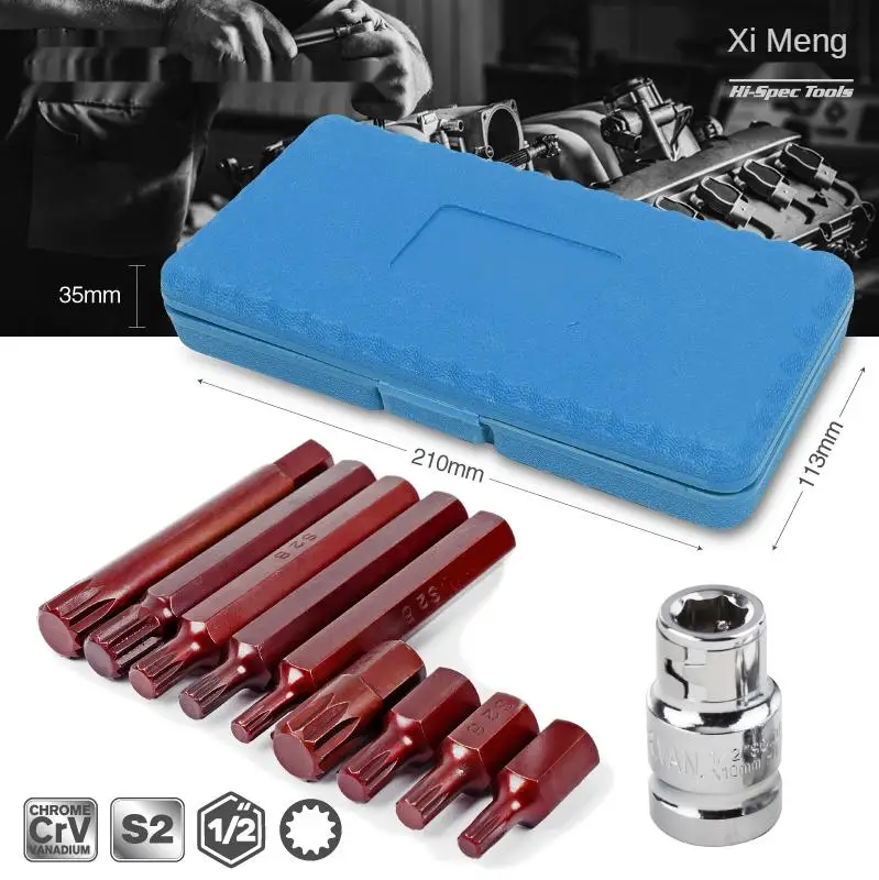 

Hi-Spec 11pc Spline Bit Set with Socket Extra Long 12 Point M Type Screwdriver Bits M5 -M12 Used for Impact Screwdriver Wrench