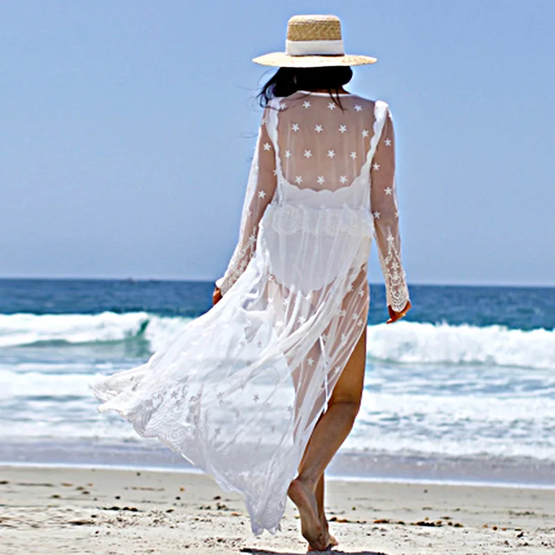 Сексуальное длинное кружевное летнее пляжное платье белое вязаное крючком