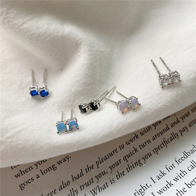RUIYI Real 925 Sterling Silver Geometric Vintage Fashion Stud Earrings Women Pink Light Blue Black White Zircon Chic Ear Studs | Украшения
