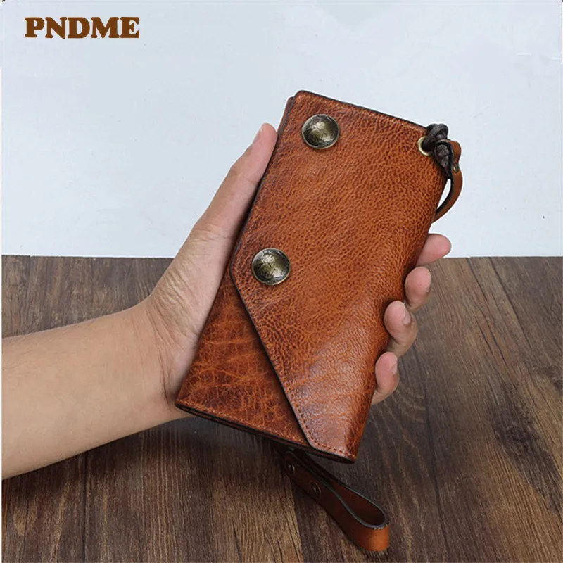 PNDME vintage real cowhide men's women's clutch wallet fashion genuine leather designer anti-theft multi-card holder phone purse