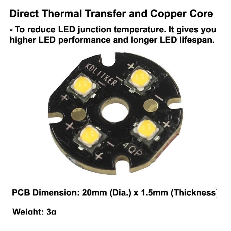 Светодиодный излучатель Quad Nichia 219CT с KDLITKER 20 мм x 1 5 DTP Copper MCPCB (параллельно) оптикой |