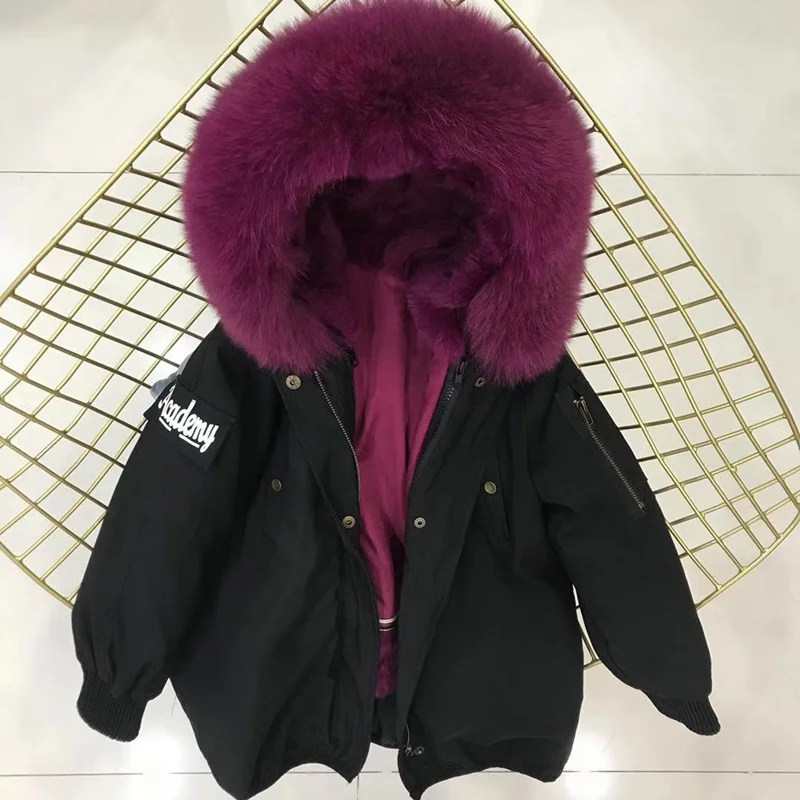 black rose purple Настоящий мех кролика, парки, пальто с капюшоном из лисьего меха, Детская куртка для мальчиков и девочек, ветровка, детская зимняя одежда - Цвет: black rose purple