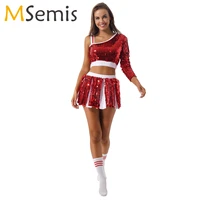 women schoolgirls cheerleading outfits stage performance costume sequins long sleeve crop top with pleated skirt socks uniform
