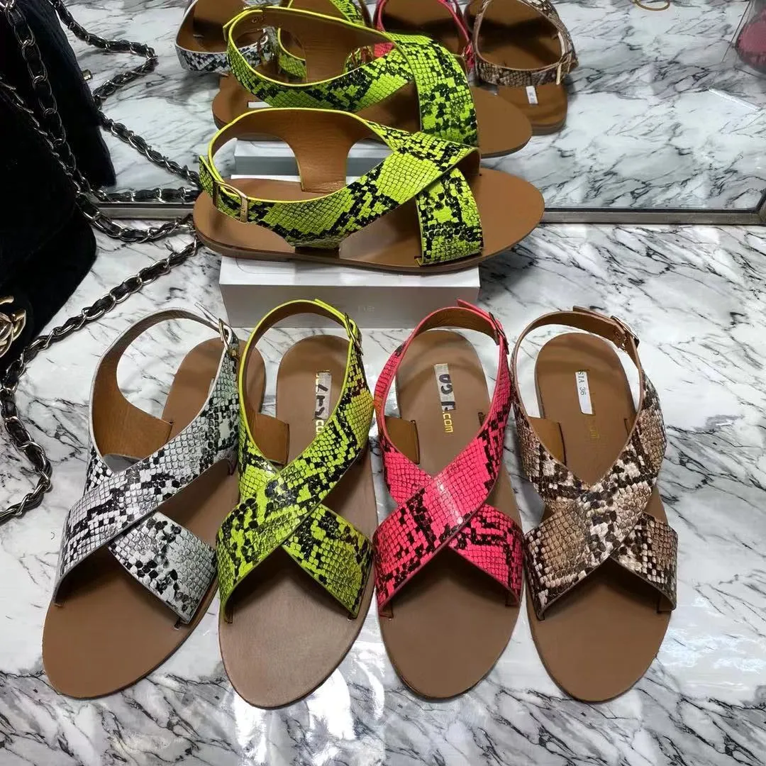 

Women Summer Sandals Snakeskin Cross Tie Women Flat Casual Female Candy Color Beach Shoes Ankle Buckle Strap Ladies Fashion 2020