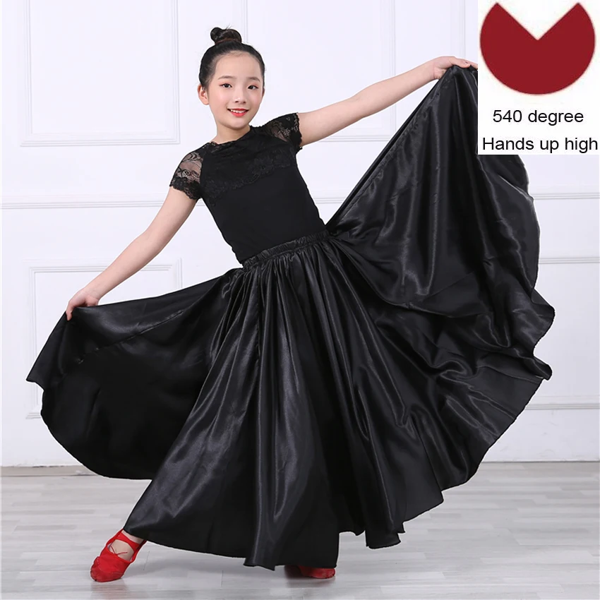Black 540 degree Атласная, шелковая, гладкая, цыганская, детская, для девочек, для фламенко, юбка для танцев, Восточная Индия, Одежда для танцев, испанские бальные костюмы - Цвет: Black 540 degree