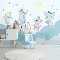 custom wallpaper large mural cute cartoon elephant riding bicycle pink clouds children background wall
