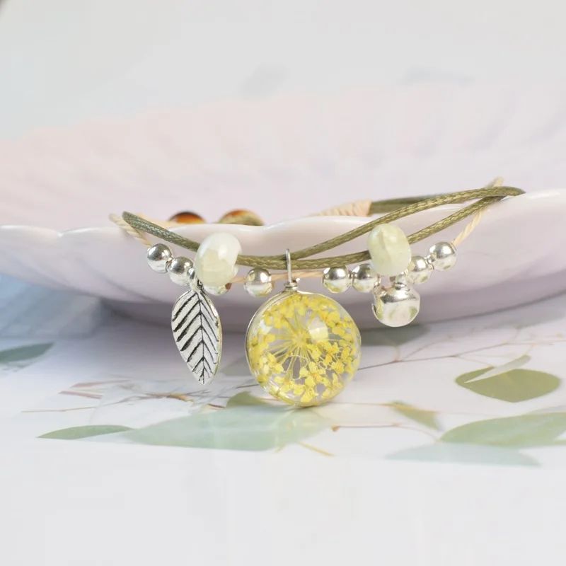 

Retro Handmade Real Dried Flowers Bracelet Women's Flower Leaf Pendant Hand Braided Fashion Glass Ball Plant Specimen Bracelets