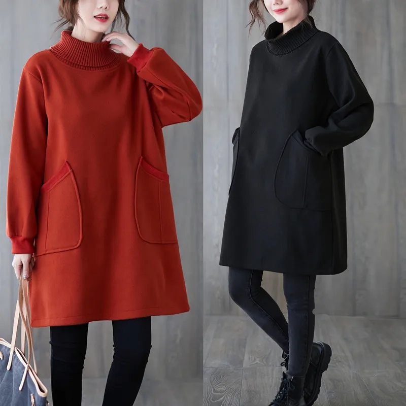 

2022 Autumn Winter New Big Size Loose Simple Solid Thin High-neck Woolen Skirt Casual Elegant Women Base Dress Free Shipping
