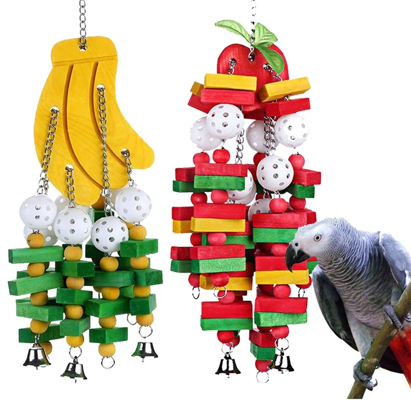 

Bird Wood Chew Toy 3 Pieces Banana Apple Cotton Rope Big String Parrot Cake Chew Toy Large Medium Sized Macaw Bird Toy