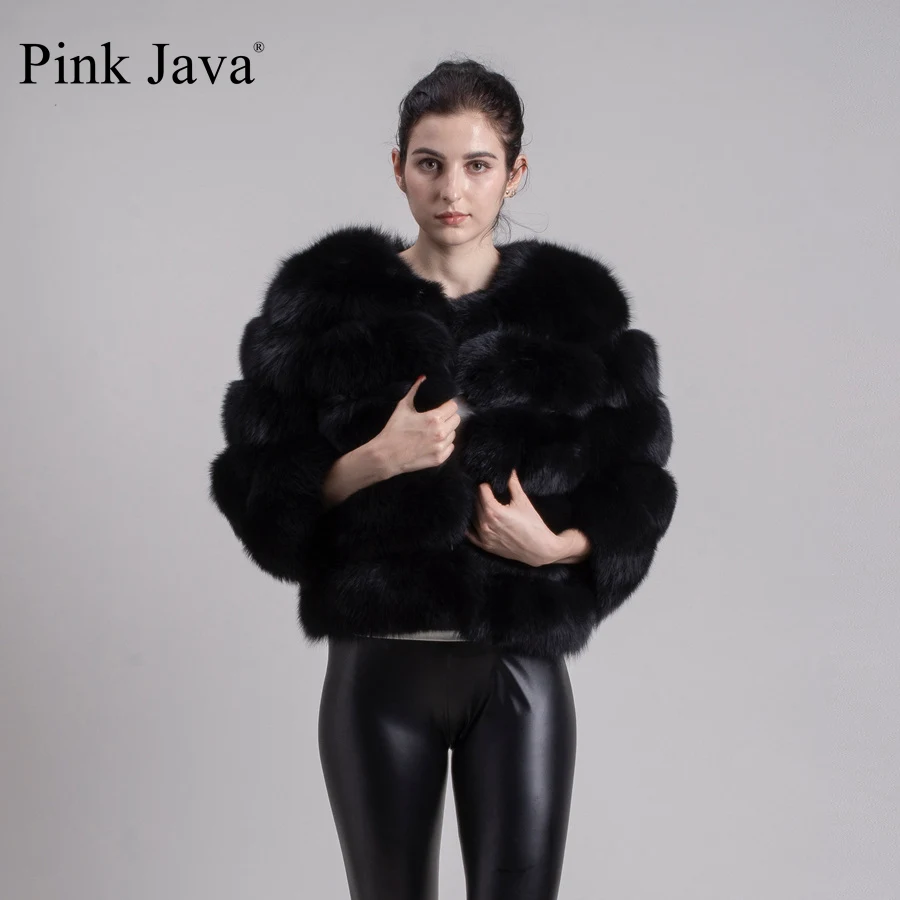 Розовая Java QC1801 шуба из натурального Лисьего меха женская зимняя Толстая Меховая куртка короткая шуба натуральный Лисий короткий рукав