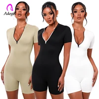 fitness women rompers solid zipper front short sleeve skinny biker playsuit 2021 autumn backless club party one piece activewear