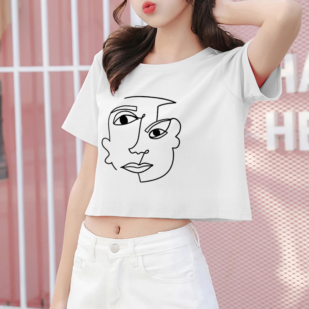 

Face Art Abstract Print T Shirt Female Casual New Hiphop Streetwear Womens Graphic T Shirts Crop Top Harajuku Large Size Tees