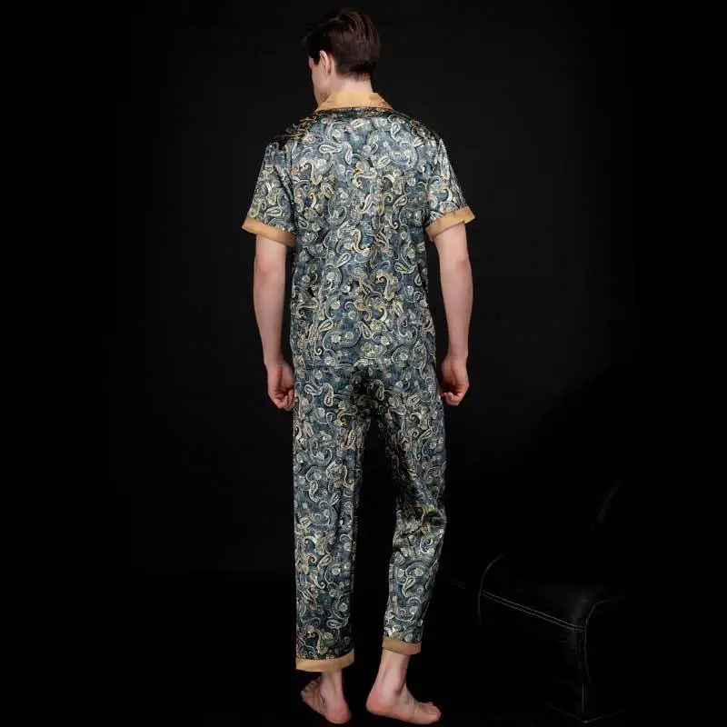 Пижама Мужская из искусственного шёлка, с отложным воротником и принтом, шелковая в стиле ретро от AliExpress WW