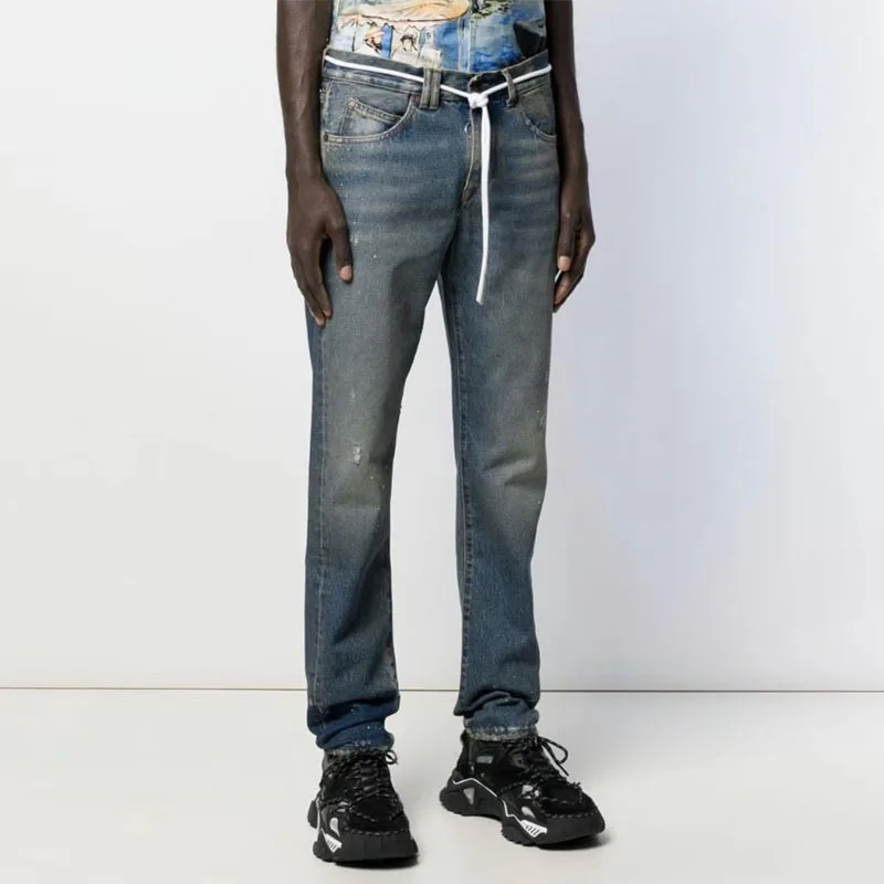 

New Hot sale ow jeans men's male fashion high quality streetwear ripped slim fit casual micro stretch trousers trend denim pamts