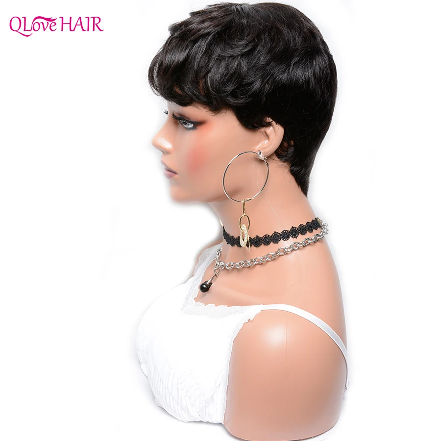 Romance Weave Bob Human Hair Wigs Brazilian Virgin Short Pixie Cut Wig For Women Full Machine None Lace With Bang | Шиньоны и парики