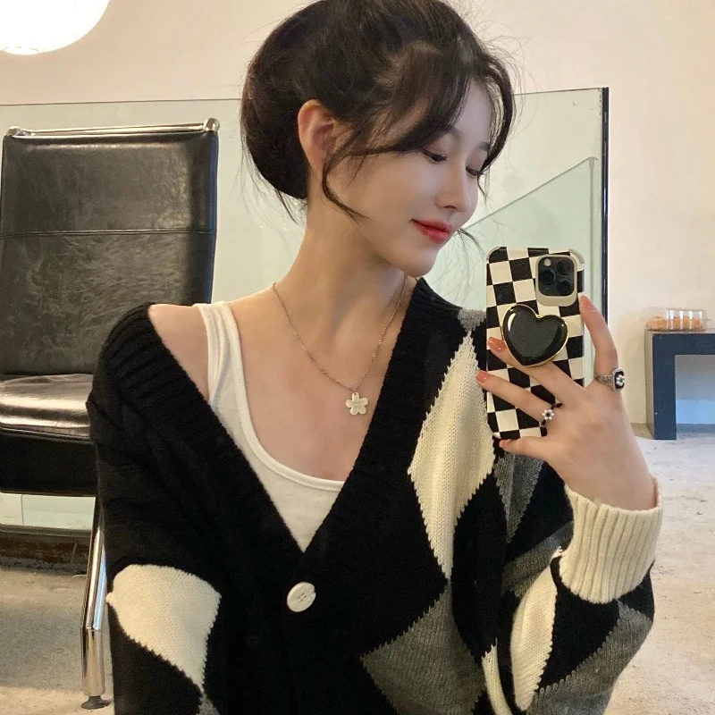 Женский вязаный кардиган с длинным рукавом черный свободный свитер-пальто на