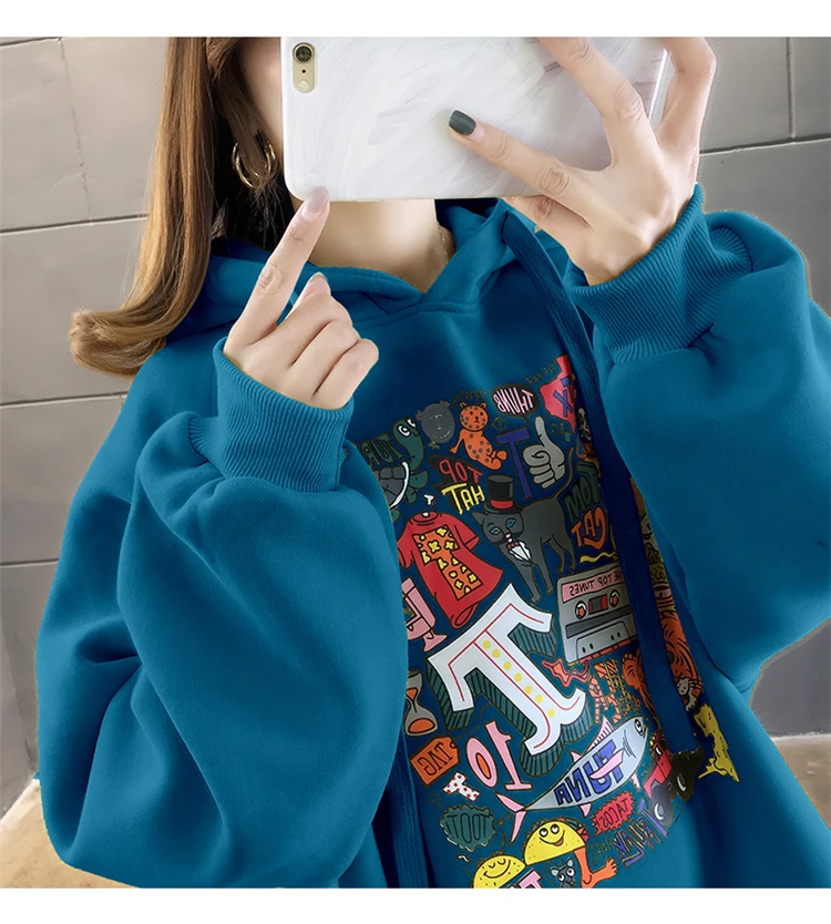 High Street Knit Hooded Letter Lady Fleece Pullovers Ins Style Add Velvet Thick Woman Hoodies Autumn Winter Clothes