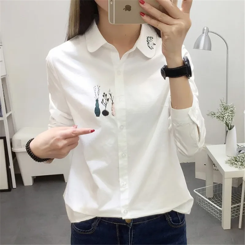 Женская Свободная блузка с цветочной вышивкой Офисная рубашка длинным рукавом