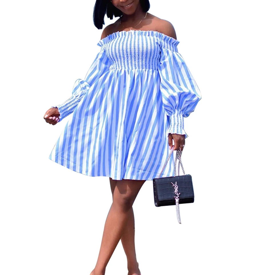 Синий Белый Вертикальная Полоска Отделанный Оборками Платье Оборки Рукава