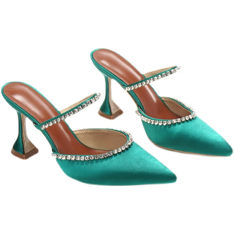 

New pointed word rhinestone sequins stiletto high-heeled slippers Baotou semi-drag high-heeled sandals women's shoes