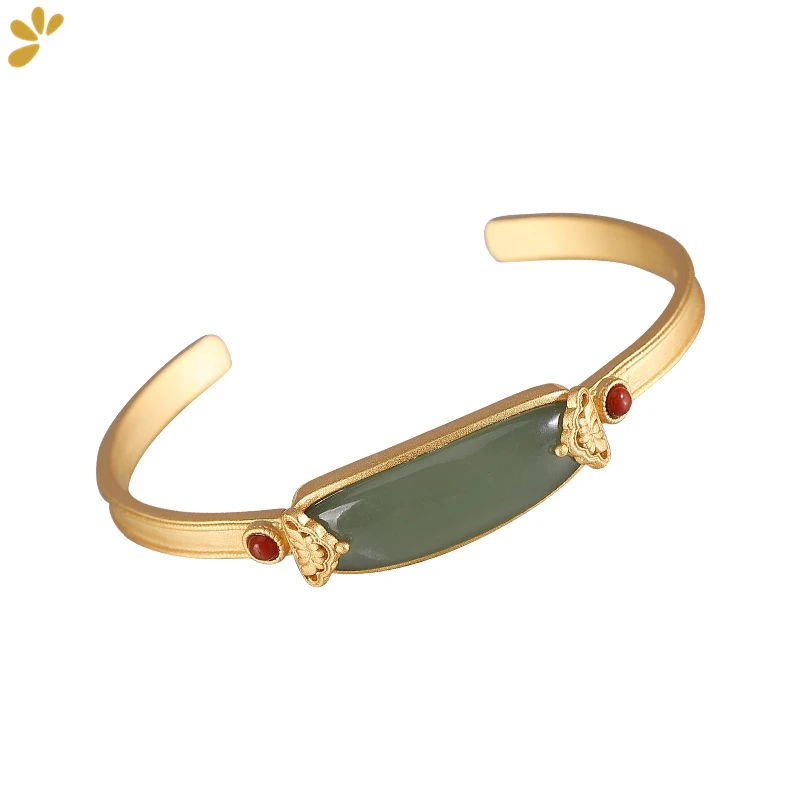 

925 Sterling Silver Hetian Jade Gold Plated Open Bangle Gemstone Agate Geometric Trendy Bracelet Bangles Fine Jewelry Women Gift