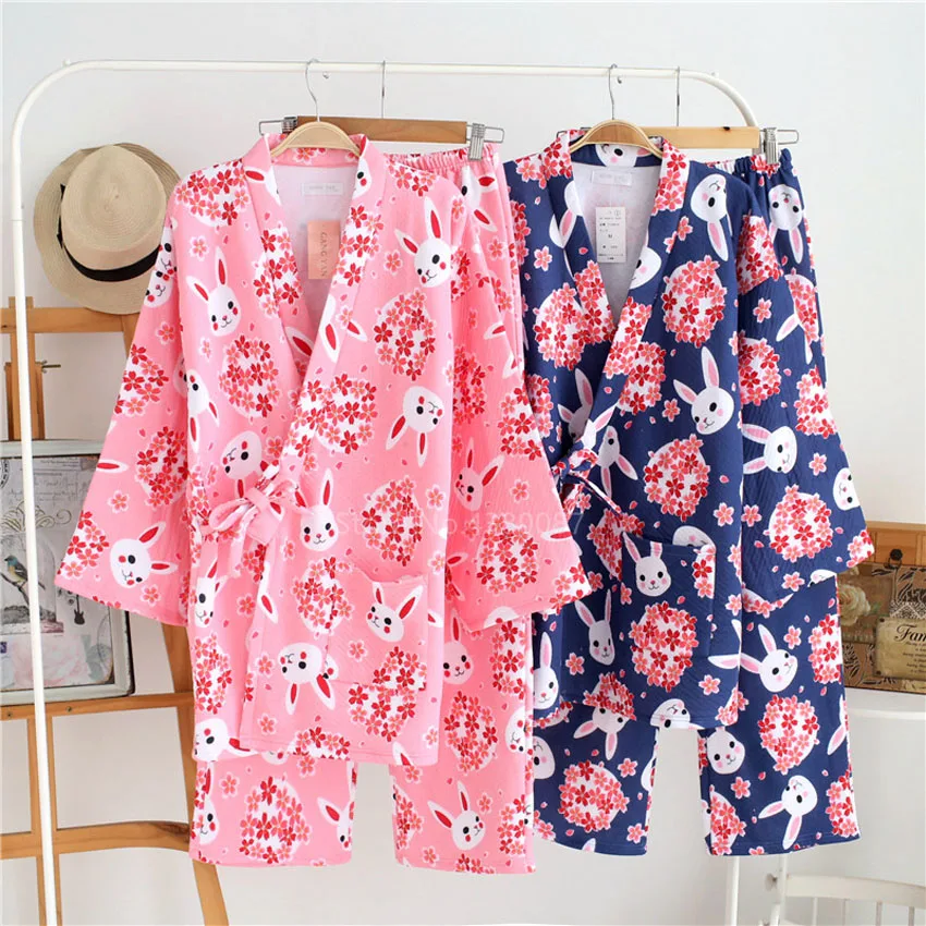 

Asian Japan Kimono Traditional Fashion Clothing Pants Set Sakura Rabbit Women Pajamas Summer Cotton Yukata Short Sleeve Homewear