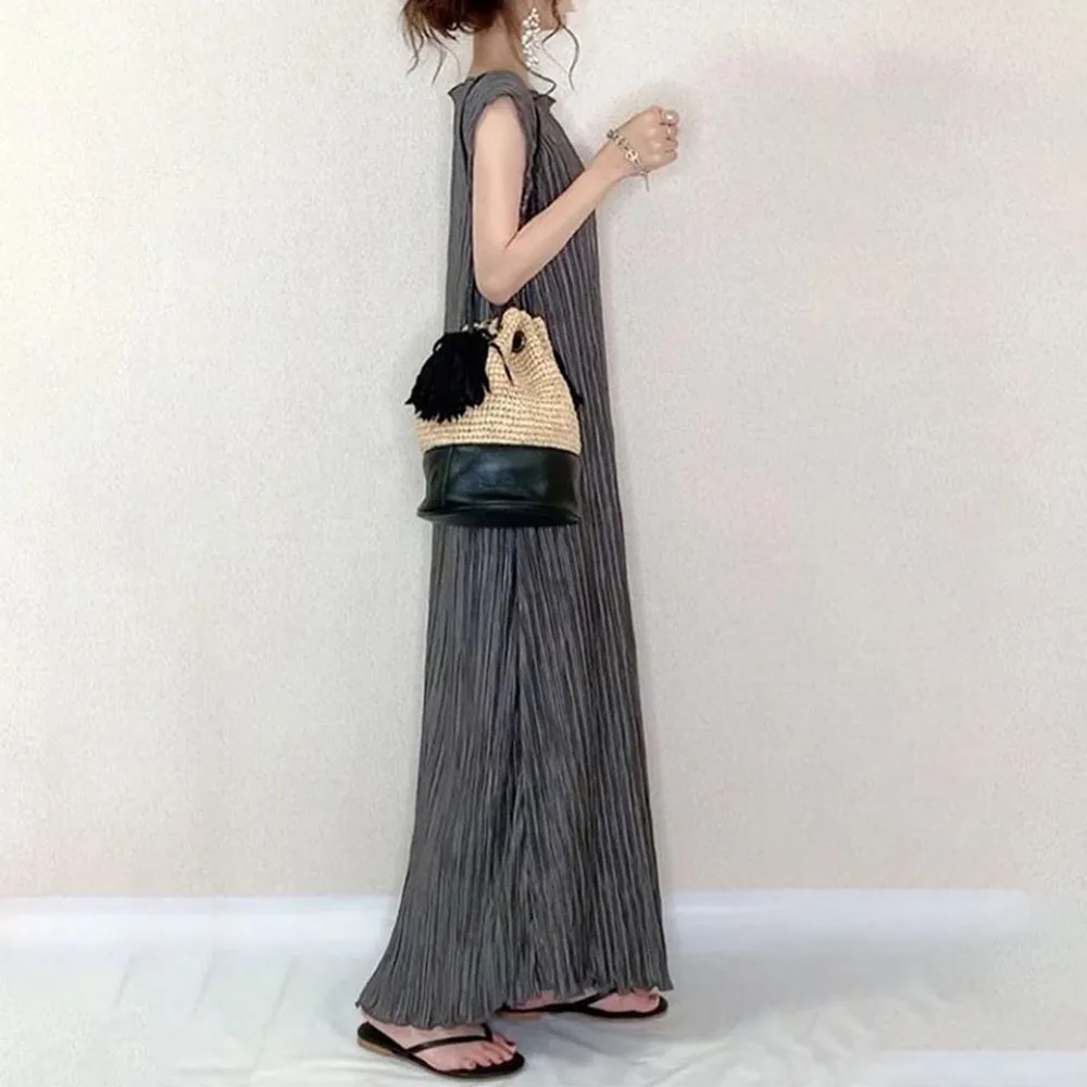 

DressPleated Women Dress Summer Korean Japan 2021 Fashion Casual Daily Work Long Dress Dark Grey Maxi Roobe Female Vestiods New